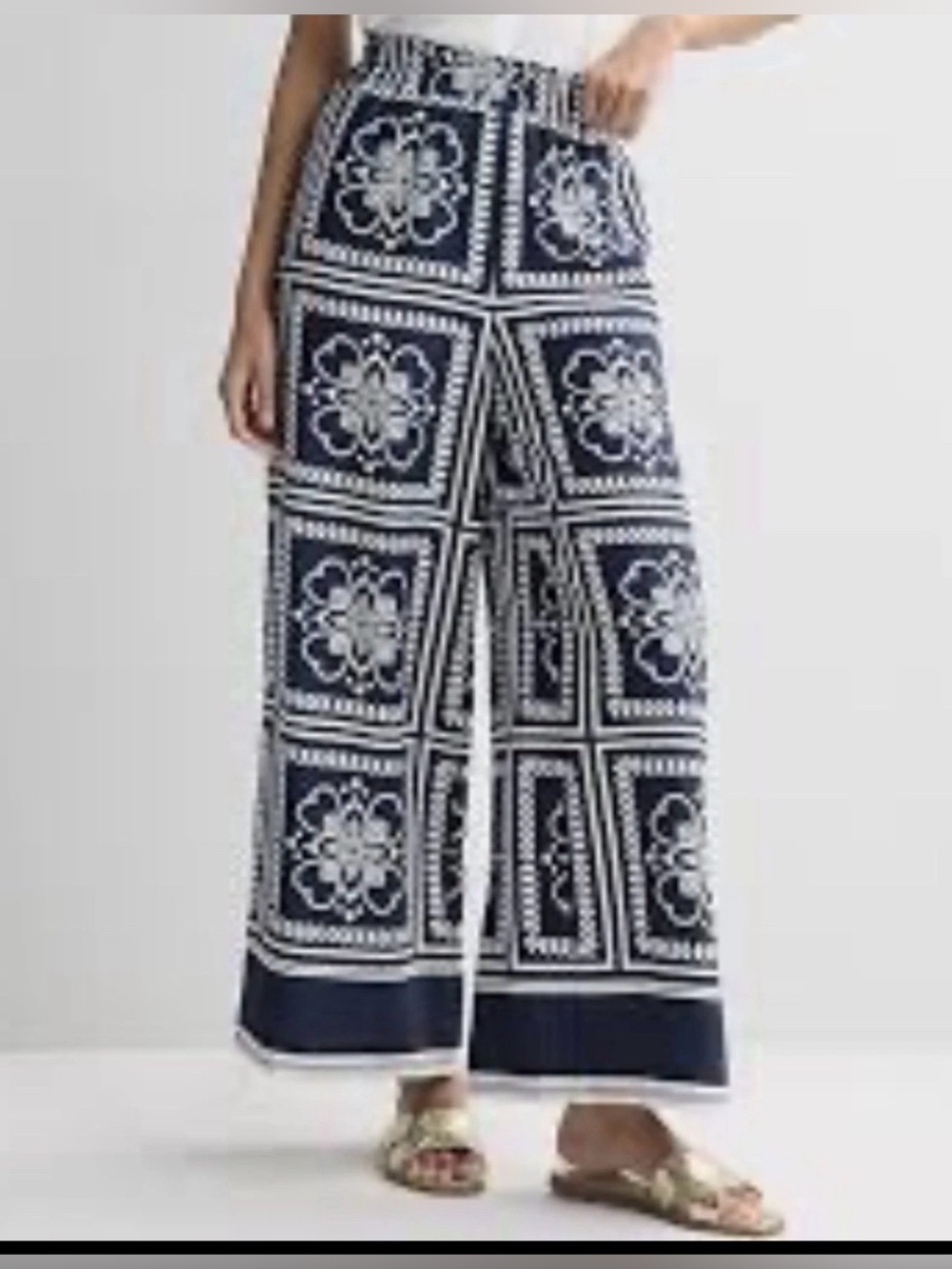 Draper James Linen-blend Navy & White Floral Pull-on Pants